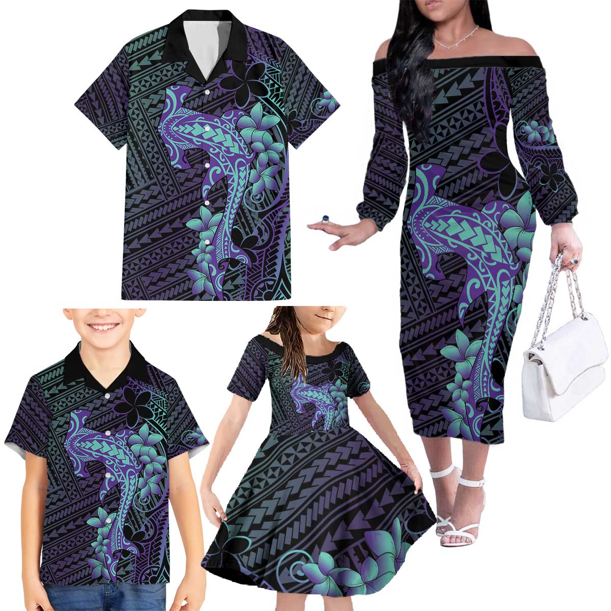 Purple Paradise Hawaii Family Matching Off The Shoulder Long Sleeve Dress and Hawaiian Shirt Hammerhead Shark Tattoo Curve Polynesian - Polynesian Pride