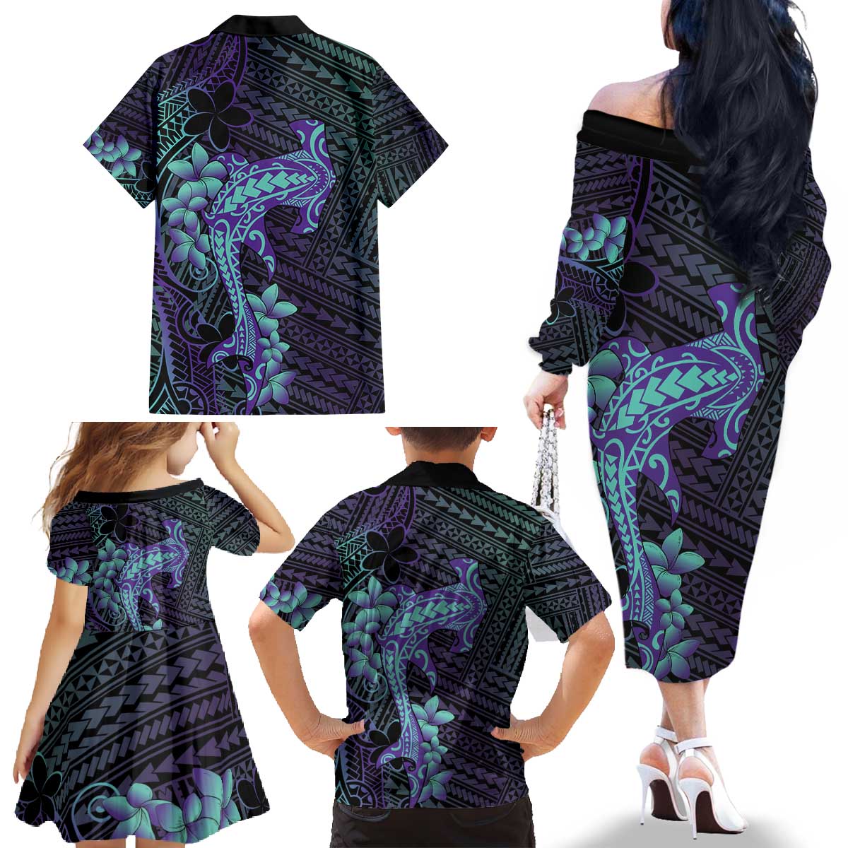 Purple Paradise Hawaii Family Matching Off The Shoulder Long Sleeve Dress and Hawaiian Shirt Hammerhead Shark Tattoo Curve Polynesian - Polynesian Pride