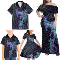 Purple Paradise Hawaii Family Matching Off Shoulder Maxi Dress and Hawaiian Shirt Hammerhead Shark Tattoo Curve Polynesian - Polynesian Pride