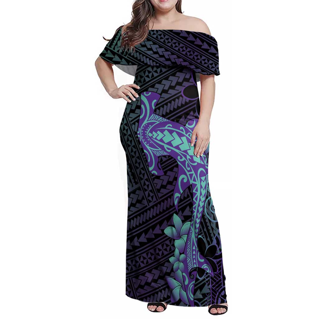 Purple Paradise Hawaii Family Matching Off Shoulder Maxi Dress and Hawaiian Shirt Hammerhead Shark Tattoo Curve Polynesian - Polynesian Pride