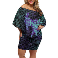 Purple Paradise Hawaii Family Matching Off Shoulder Short Dress and Hawaiian Shirt Hammerhead Shark Tattoo Curve Polynesian - Polynesian Pride
