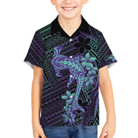 Purple Paradise Hawaii Family Matching Puletasi and Hawaiian Shirt Hammerhead Shark Tattoo Curve Polynesian - Polynesian Pride