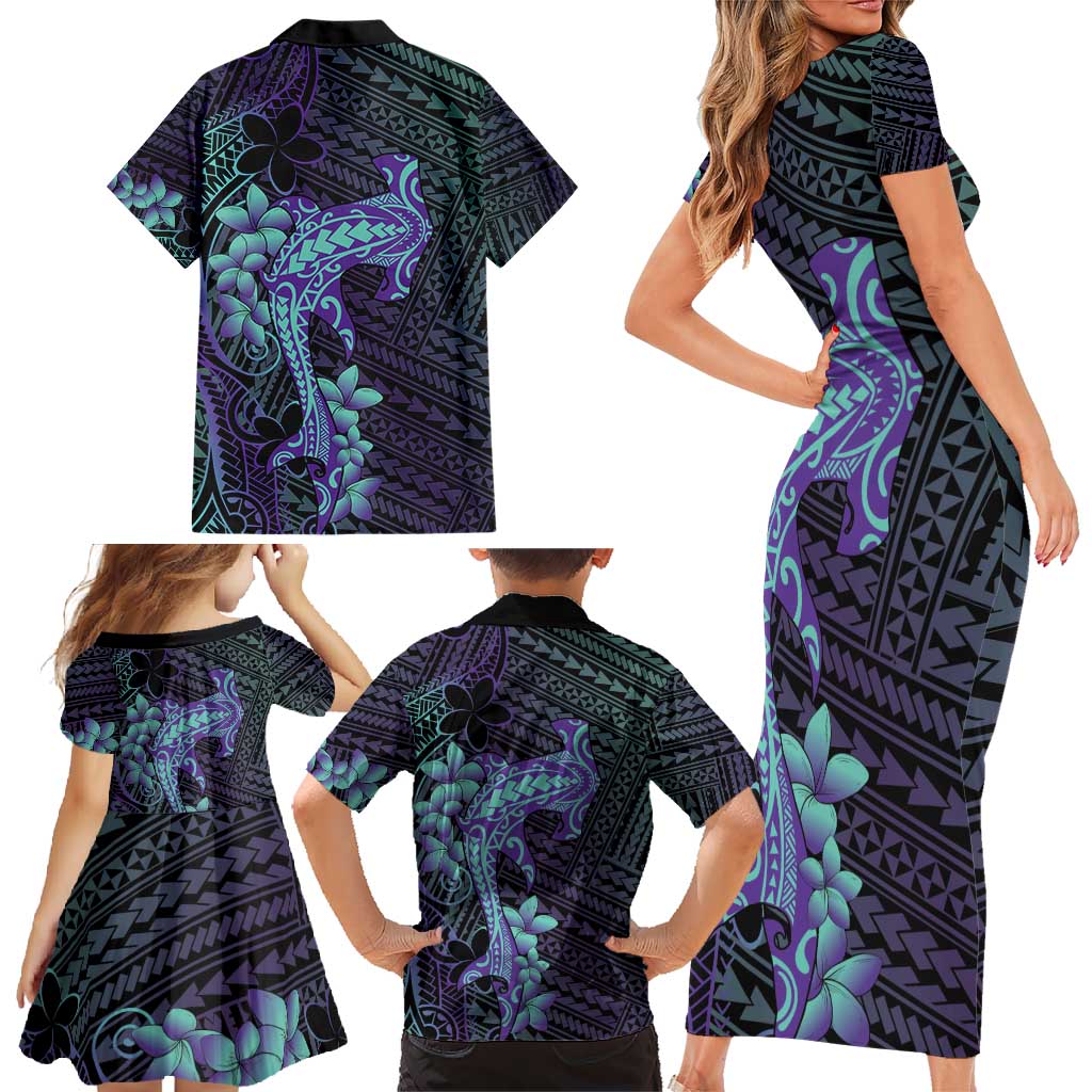 Purple Paradise Hawaii Family Matching Short Sleeve Bodycon Dress and Hawaiian Shirt Hammerhead Shark Tattoo Curve Polynesian - Polynesian Pride