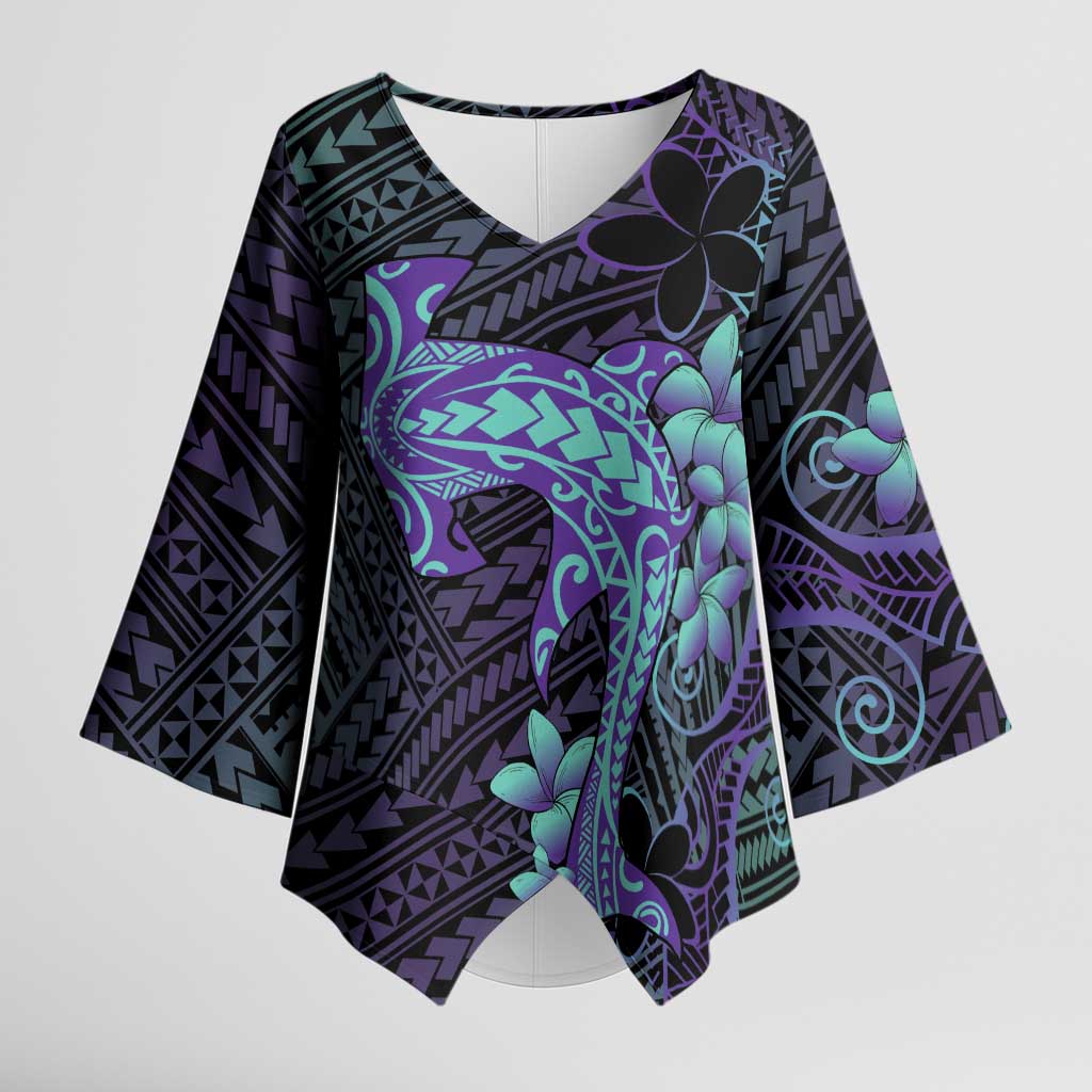 Purple Paradise Hawaii Kimono Sleeve Blouse Hammerhead Shark Tattoo Curve Polynesian - Polynesian Pride