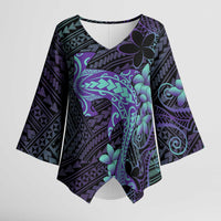 Purple Paradise Hawaii Kimono Sleeve Blouse Hammerhead Shark Tattoo Curve Polynesian - Polynesian Pride
