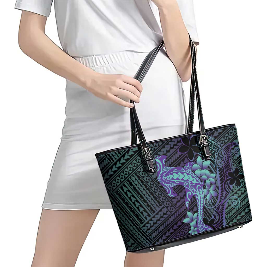 Purple Paradise Hawaii Leather Tote Bag Hammerhead Shark Tattoo Curve Polynesian - Polynesian Pride