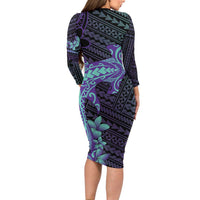 Purple Paradise Hawaii Long Sleeve Bodycon Dress Hammerhead Shark Tattoo Curve Polynesian - Polynesian Pride