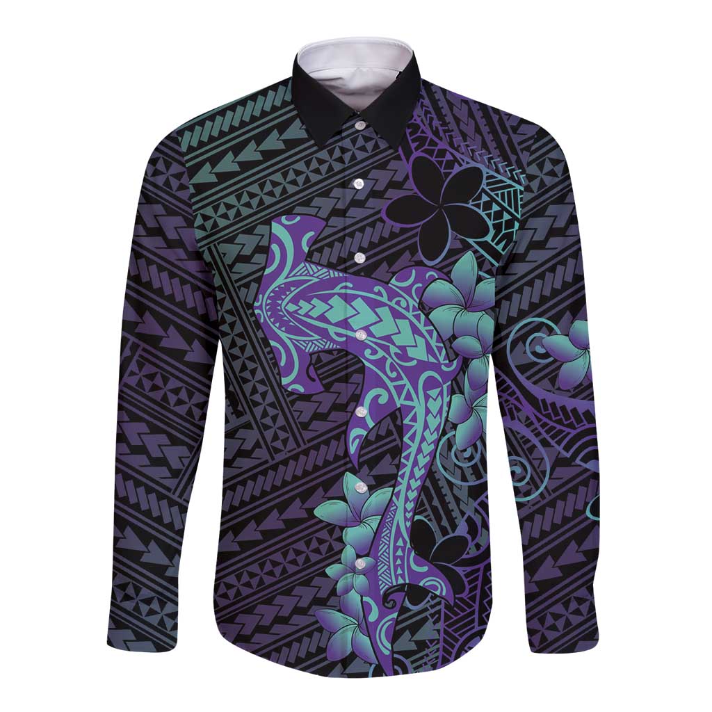 Purple Paradise Hawaii Long Sleeve Button Shirt Hammerhead Shark Tattoo Curve Polynesian LT14 Unisex Purple - Polynesian Pride