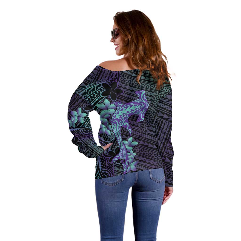 Purple Paradise Hawaii Off Shoulder Sweater Hammerhead Shark Tattoo Curve Polynesian - Polynesian Pride