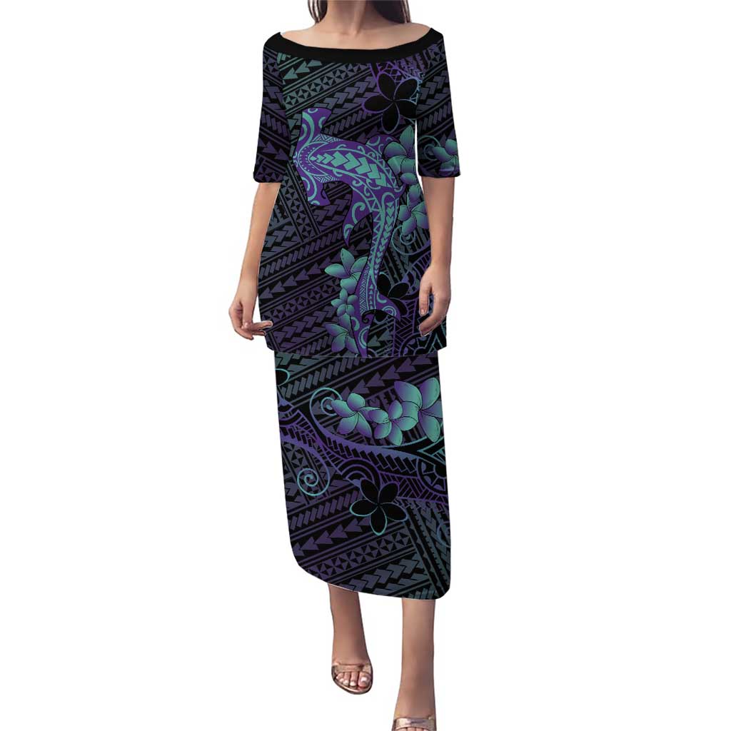Purple Paradise Hawaii Puletasi Hammerhead Shark Tattoo Curve Polynesian LT14 Long Dress Purple - Polynesian Pride
