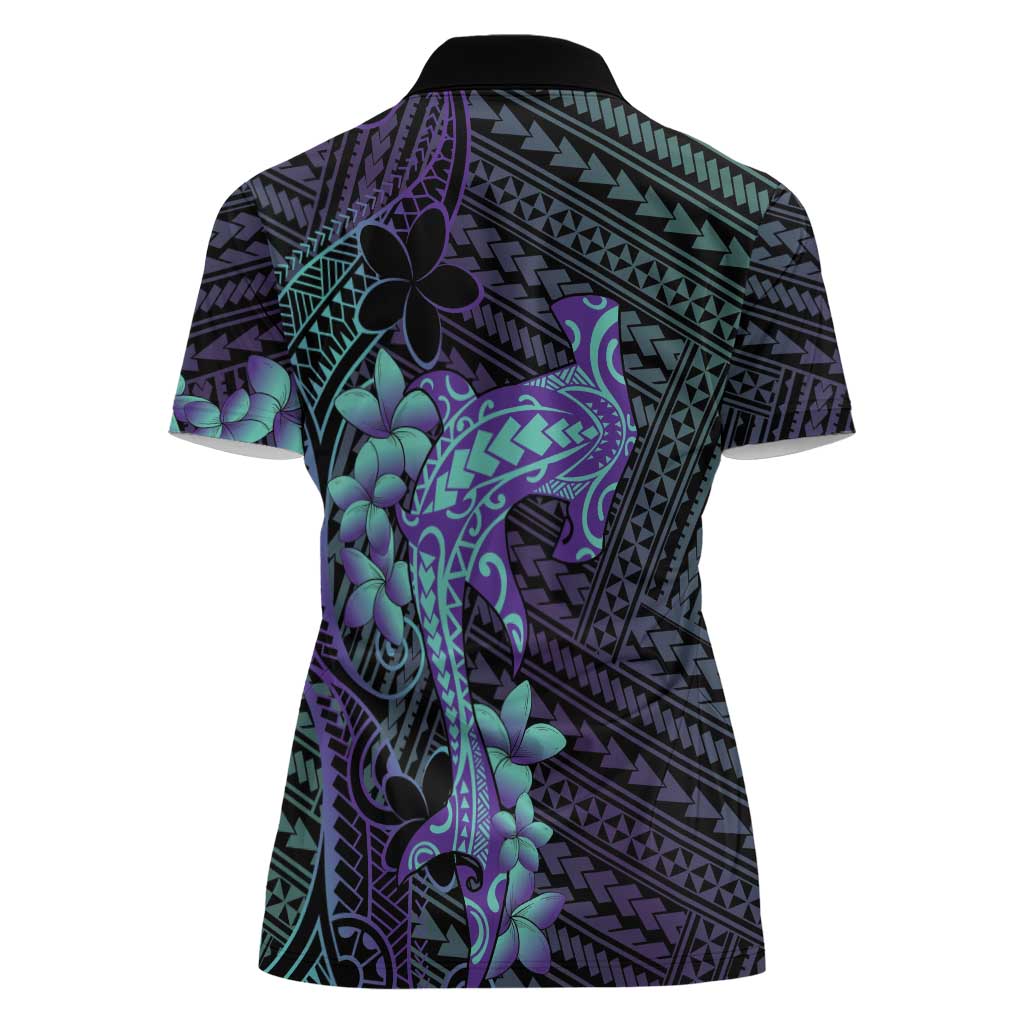 Purple Paradise Hawaii Women Polo Shirt Hammerhead Shark Tattoo Curve Polynesian - Polynesian Pride