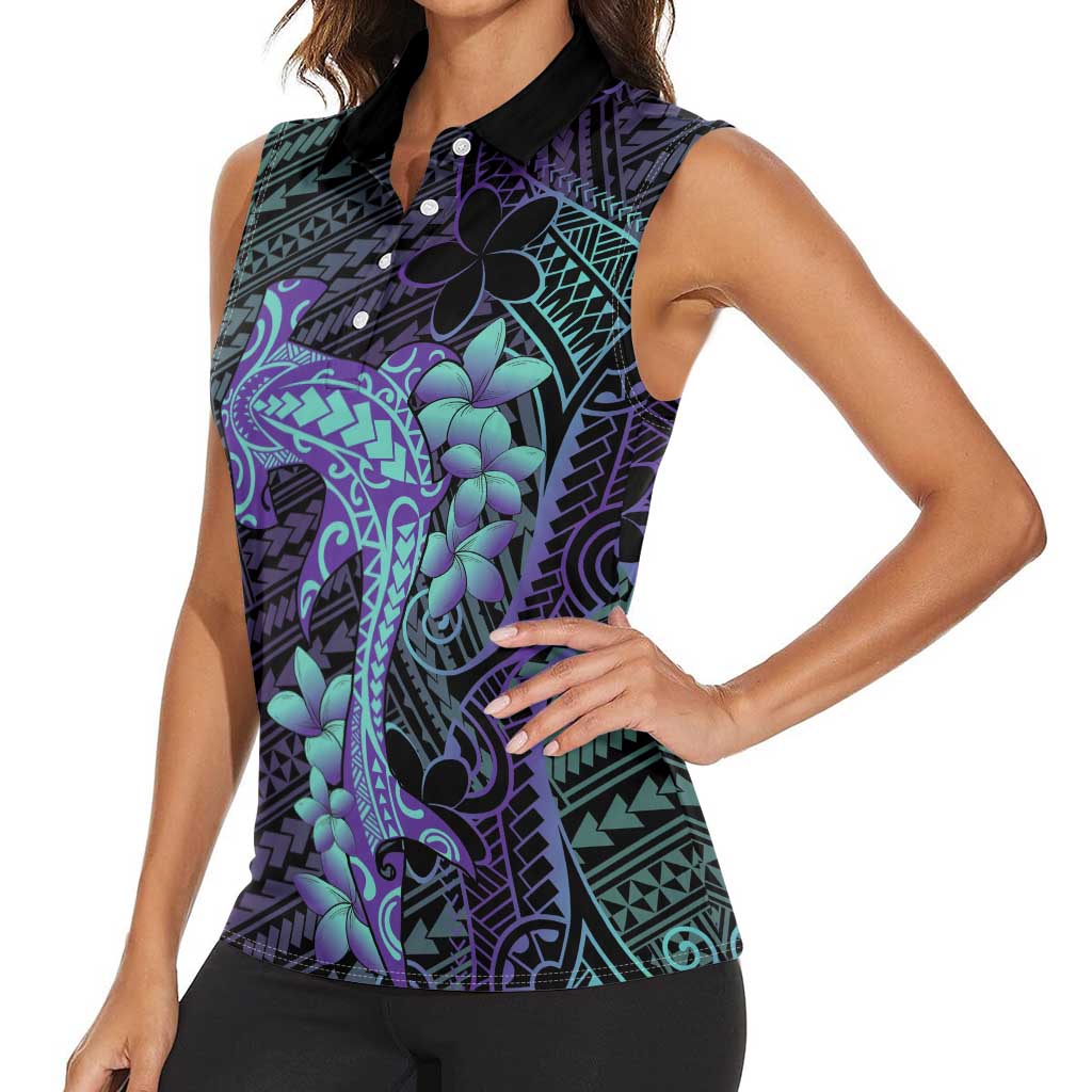 Purple Paradise Hawaii Women Sleeveless Polo Shirt Hammerhead Shark Tattoo Curve Polynesian LT14 - Polynesian Pride