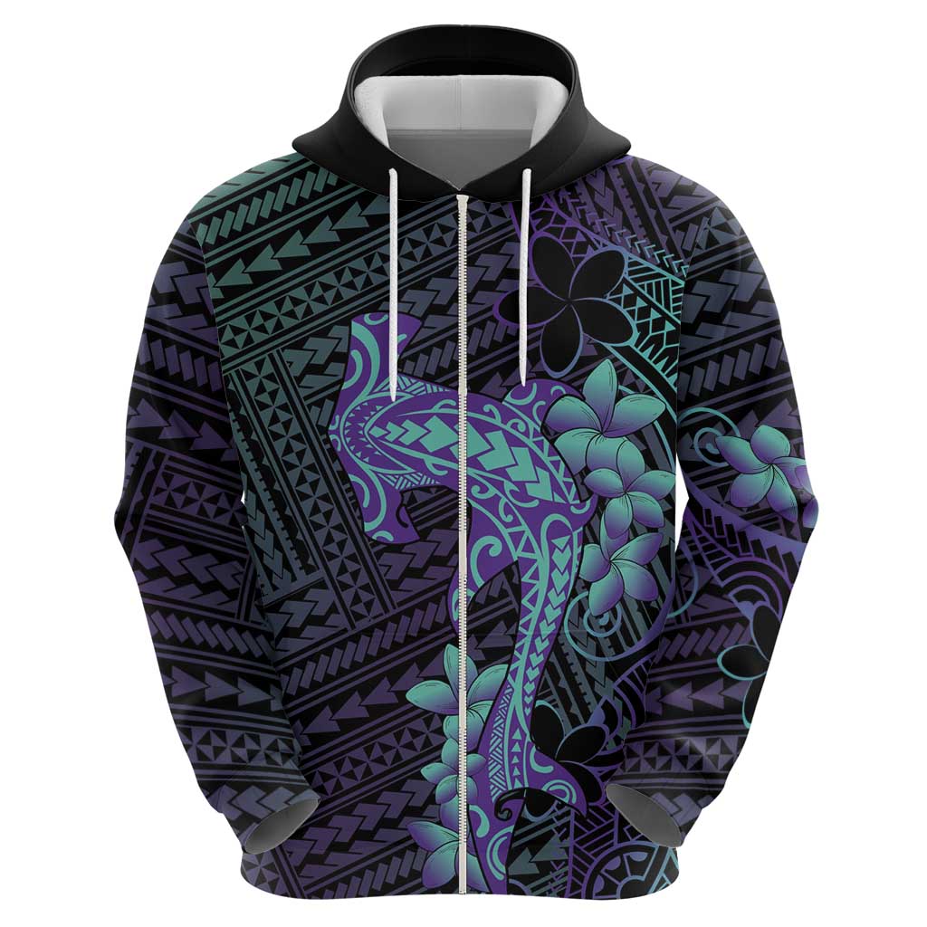 Purple Paradise Hawaii Zip Hoodie Hammerhead Shark Tattoo Curve Polynesian - Polynesian Pride