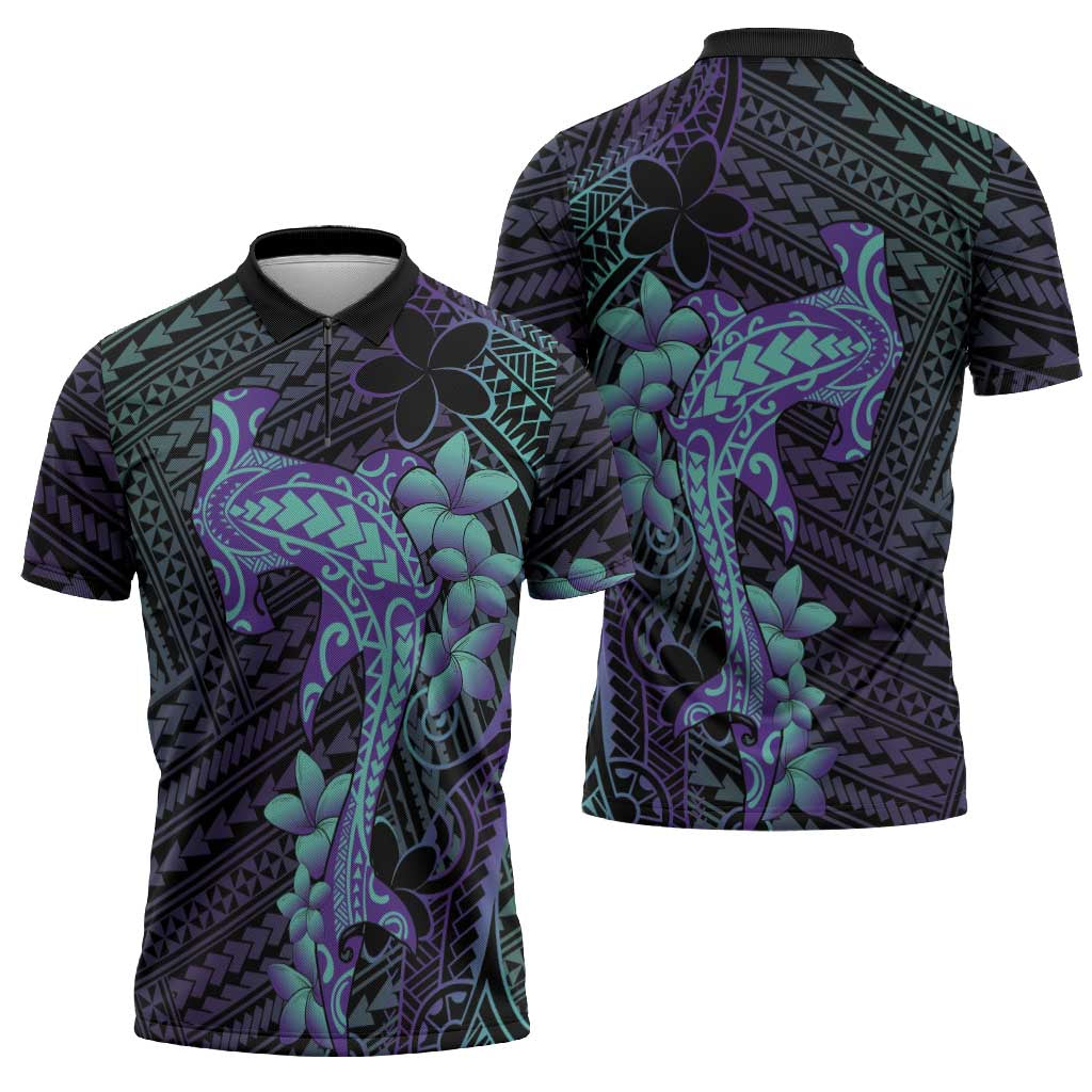 Purple Paradise Hawaii Zipper Polo Shirt Hammerhead Shark Tattoo Curve Polynesian - Polynesian Pride