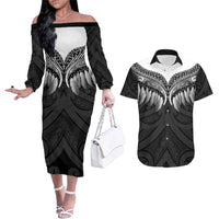 Poutama Korowai New Zealand Couples Matching Off The Shoulder Long Sleeve Dress and Hawaiian Shirt Aotearoa Maori Tattoo - Polynesian Pride