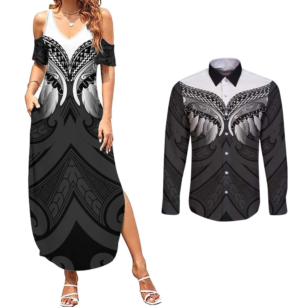 Poutama Korowai New Zealand Couples Matching Summer Maxi Dress and Long Sleeve Button Shirt Aotearoa Maori Tattoo - Polynesian Pride