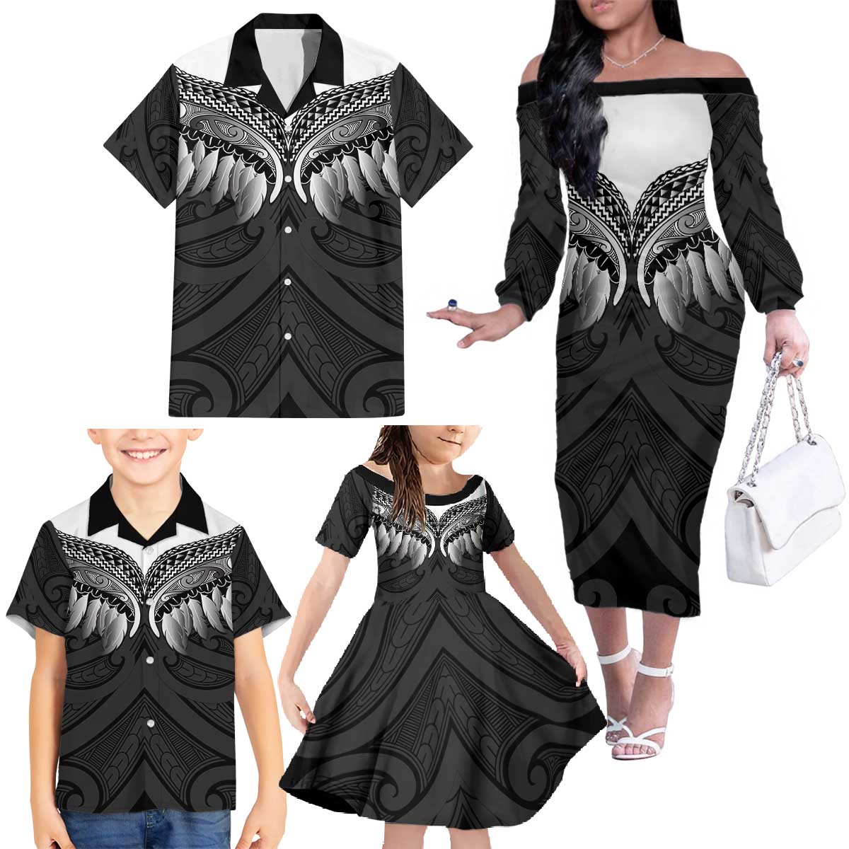 Poutama Korowai New Zealand Family Matching Off The Shoulder Long Sleeve Dress and Hawaiian Shirt Aotearoa Maori Tattoo - Polynesian Pride