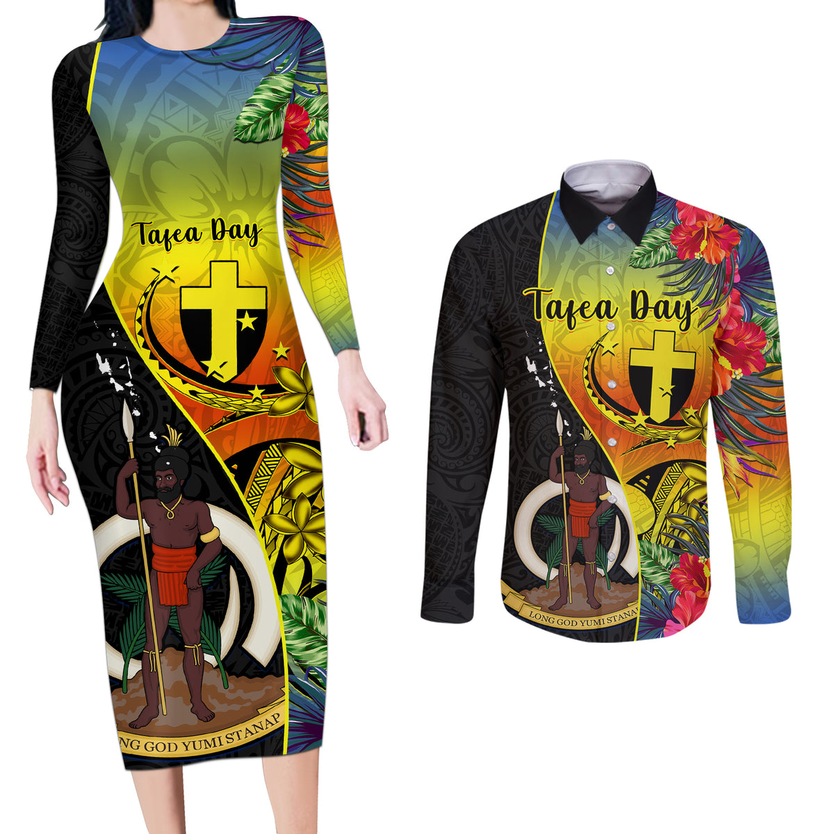 vanuatu-tafea-day-couples-matching-long-sleeve-bodycon-dress-and-long-sleeve-button-shirts-coat-of-arms-mix-tropical-flowers