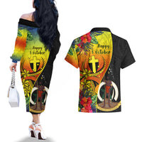 vanuatu-tafea-day-couples-matching-off-the-shoulder-long-sleeve-dress-and-hawaiian-shirt-coat-of-arms-mix-tropical-flowers