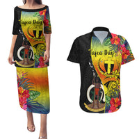 Vanuatu Tafea Day Couples Matching Puletasi Dress and Hawaiian Shirt Coat Of Arms Mix Tropical Flowers LT14 Black - Polynesian Pride
