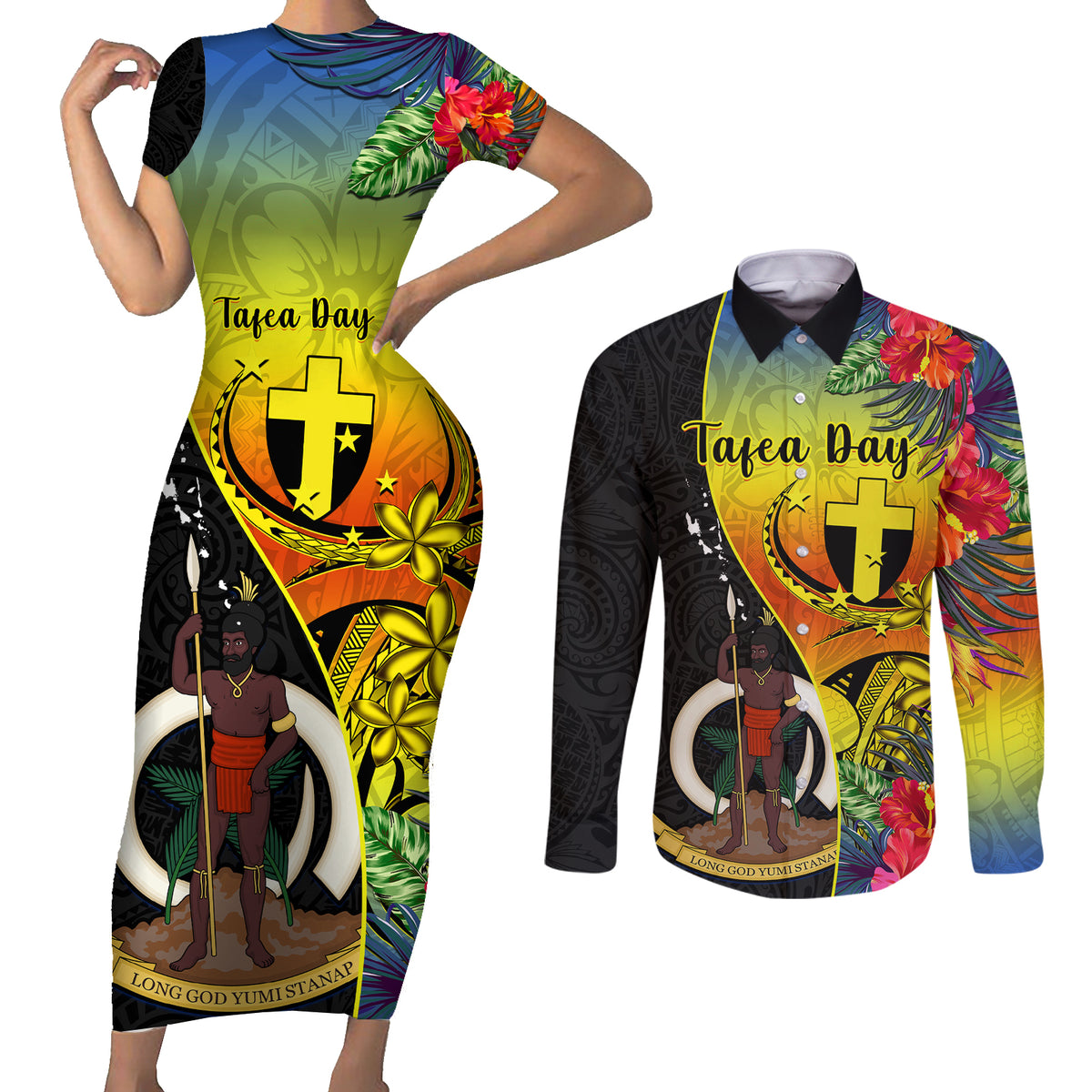 vanuatu-tafea-day-couples-matching-short-sleeve-bodycon-dress-and-long-sleeve-button-shirts-coat-of-arms-mix-tropical-flowers