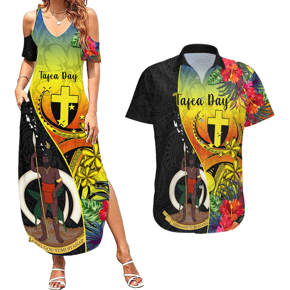 vanuatu-tafea-day-couples-matching-summer-maxi-dress-and-hawaiian-shirt-coat-of-arms-mix-tropical-flowers