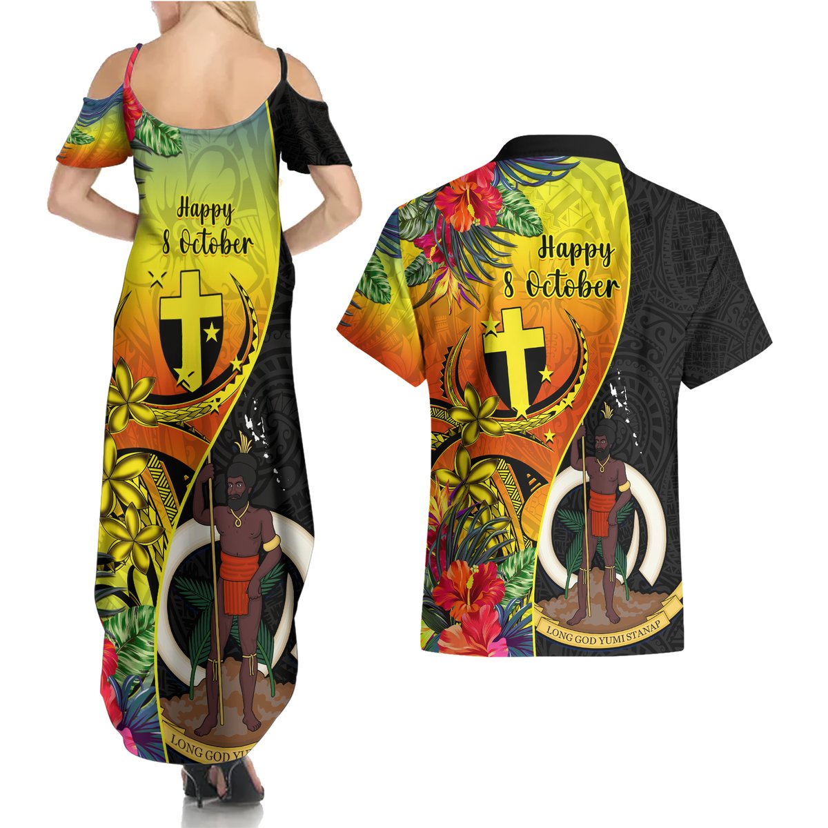 vanuatu-tafea-day-couples-matching-summer-maxi-dress-and-hawaiian-shirt-coat-of-arms-mix-tropical-flowers