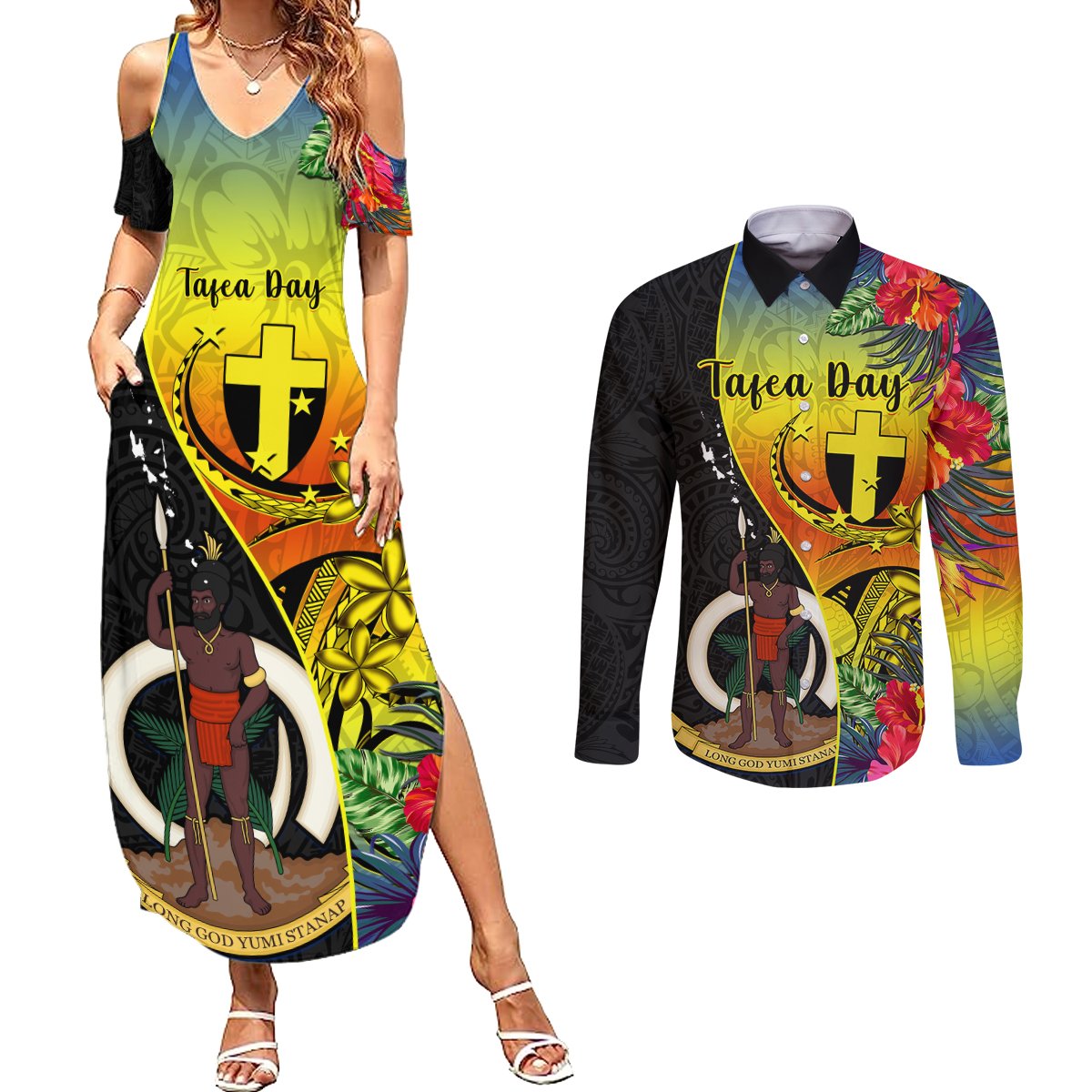 vanuatu-tafea-day-couples-matching-summer-maxi-dress-and-long-sleeve-button-shirts-coat-of-arms-mix-tropical-flowers