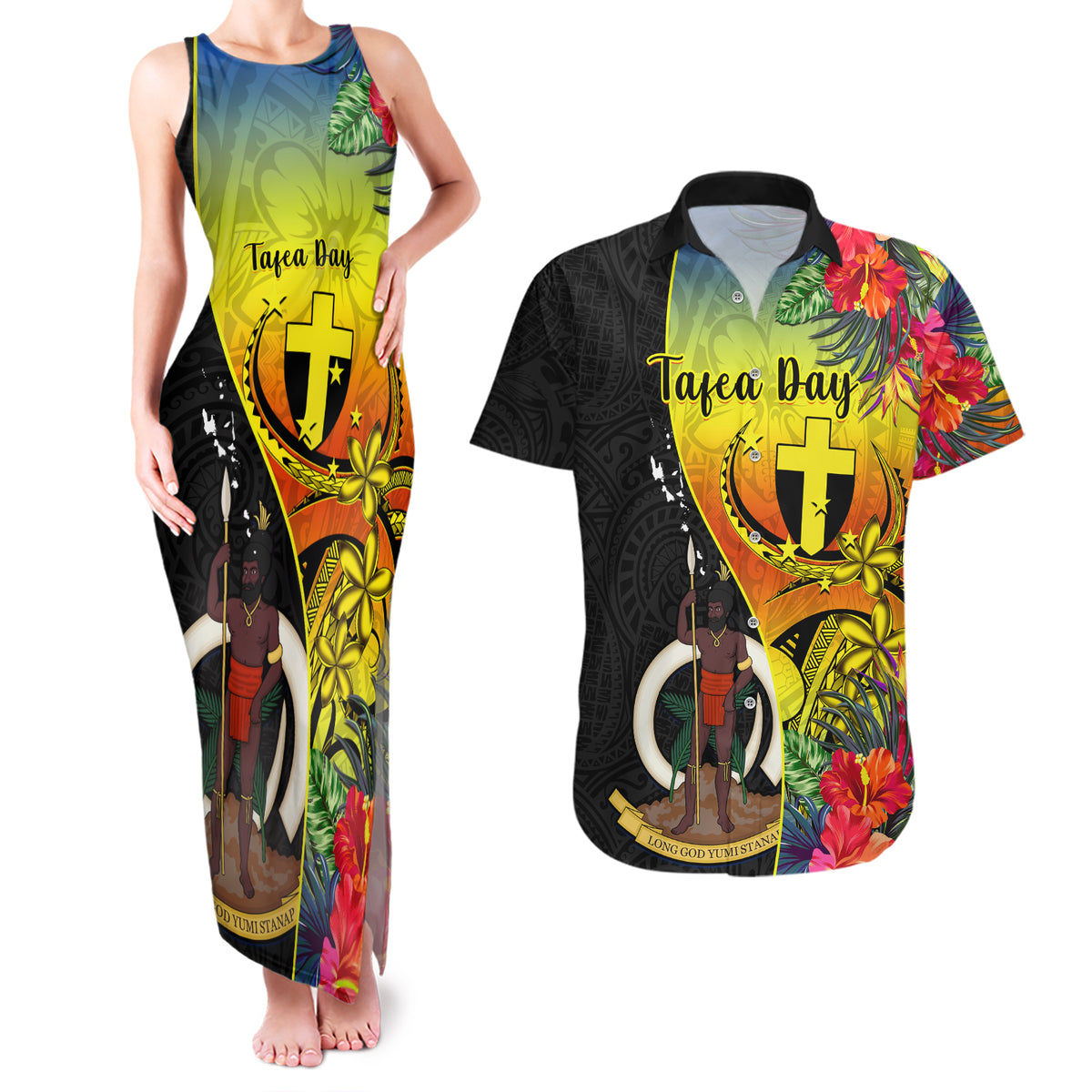 Vanuatu Tafea Day Couples Matching Tank Maxi Dress and Hawaiian Shirt Coat Of Arms Mix Tropical Flowers LT14 Black - Polynesian Pride