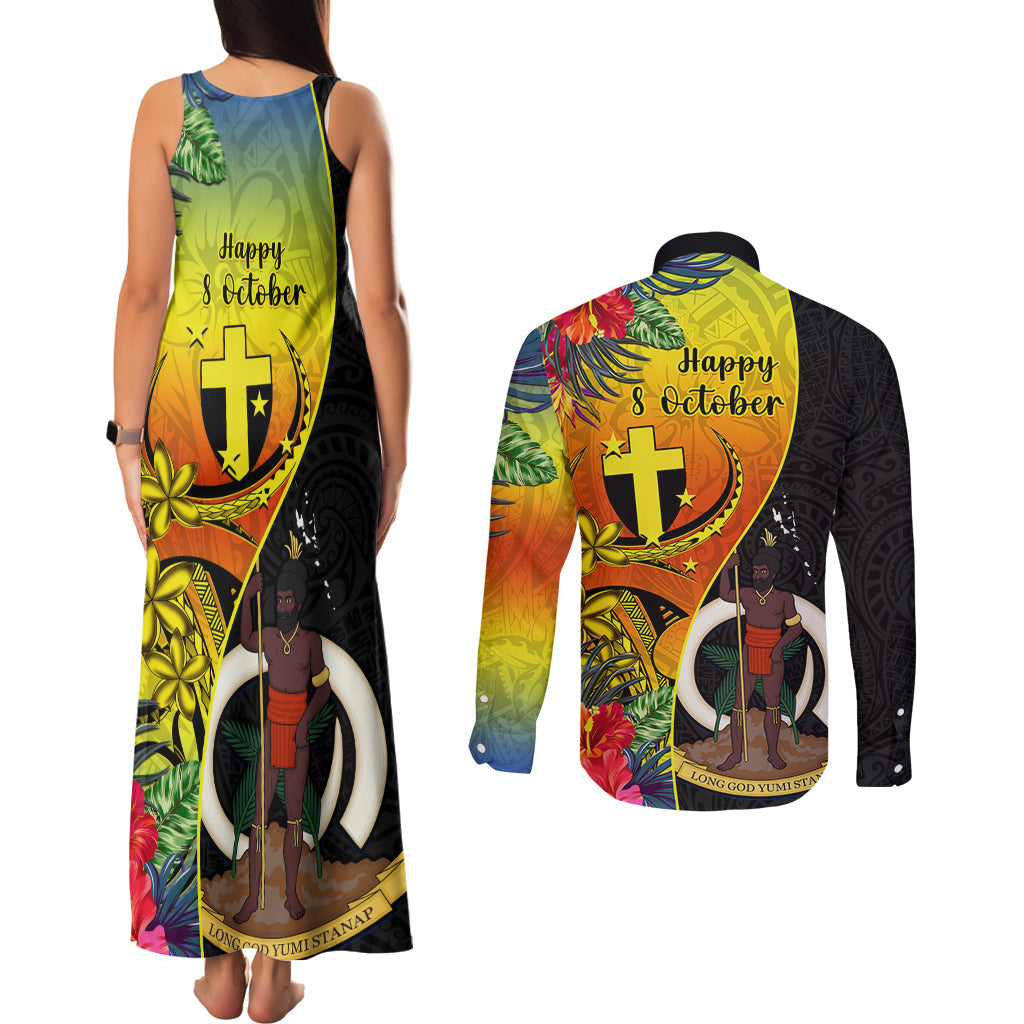 Vanuatu Tafea Day Couples Matching Tank Maxi Dress and Long Sleeve Button Shirts Coat Of Arms Mix Tropical Flowers LT14 - Polynesian Pride