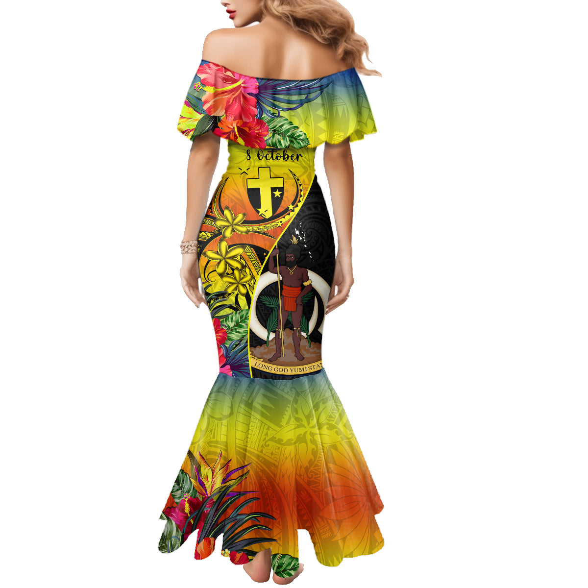 Vanuatu Tafea Day Family Matching Mermaid Dress and Hawaiian Shirt Coat Of Arms Mix Tropical Flowers LT14 - Polynesian Pride