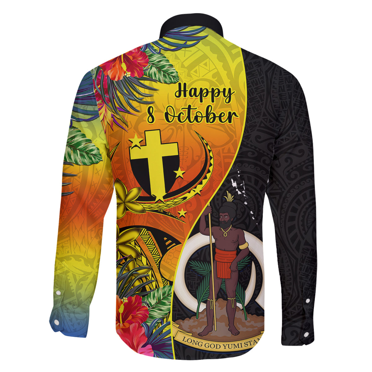 vanuatu-tafea-day-family-matching-off-shoulder-long-sleeve-dress-and-hawaiian-shirt-coat-of-arms-mix-tropical-flowers