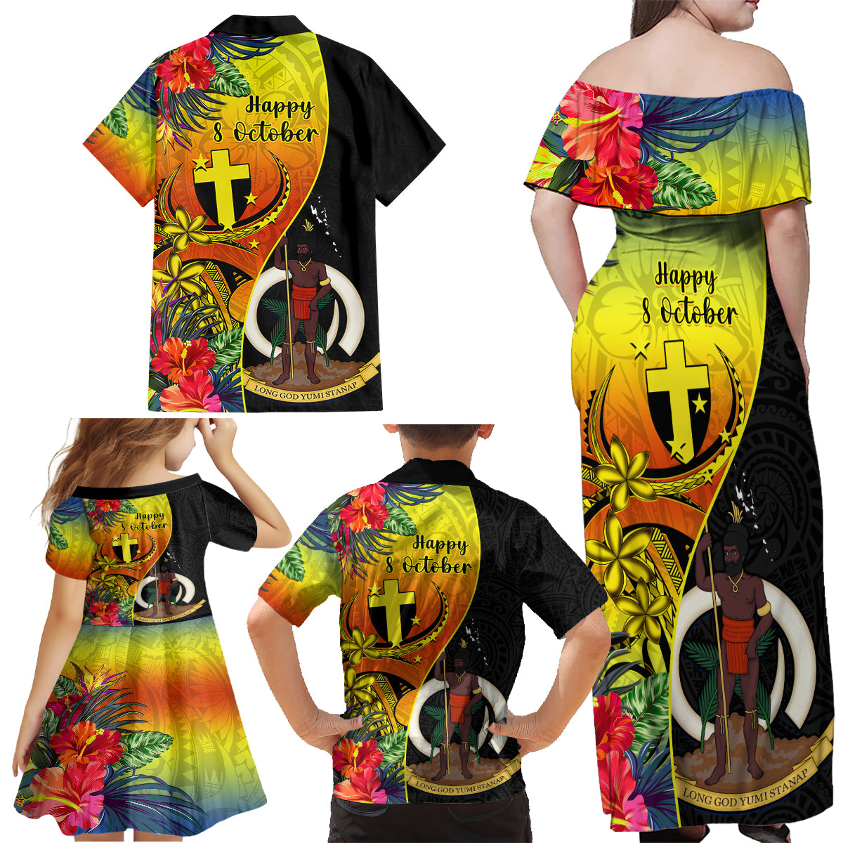 Vanuatu Tafea Day Family Matching Off Shoulder Maxi Dress and Hawaiian Shirt Coat Of Arms Mix Tropical Flowers LT14 - Polynesian Pride