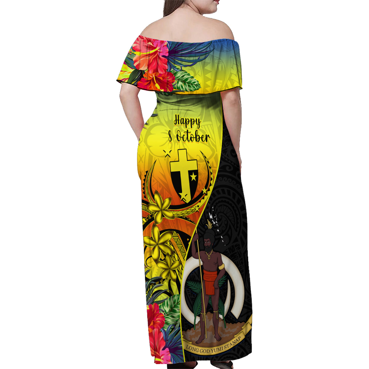 Vanuatu Tafea Day Family Matching Off Shoulder Maxi Dress and Hawaiian Shirt Coat Of Arms Mix Tropical Flowers LT14 - Polynesian Pride