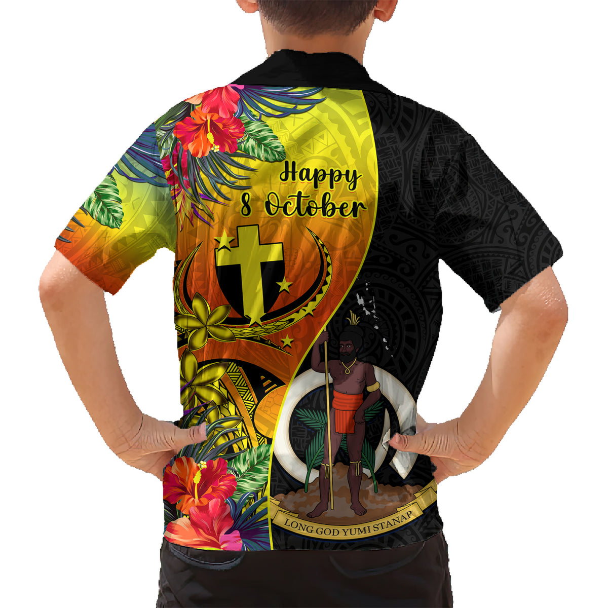 Vanuatu Tafea Day Family Matching Short Sleeve Bodycon Dress and Hawaiian Shirt Coat Of Arms Mix Tropical Flowers LT14 - Polynesian Pride
