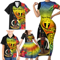 Vanuatu Tafea Day Family Matching Short Sleeve Bodycon Dress and Hawaiian Shirt Coat Of Arms Mix Tropical Flowers LT14 - Polynesian Pride