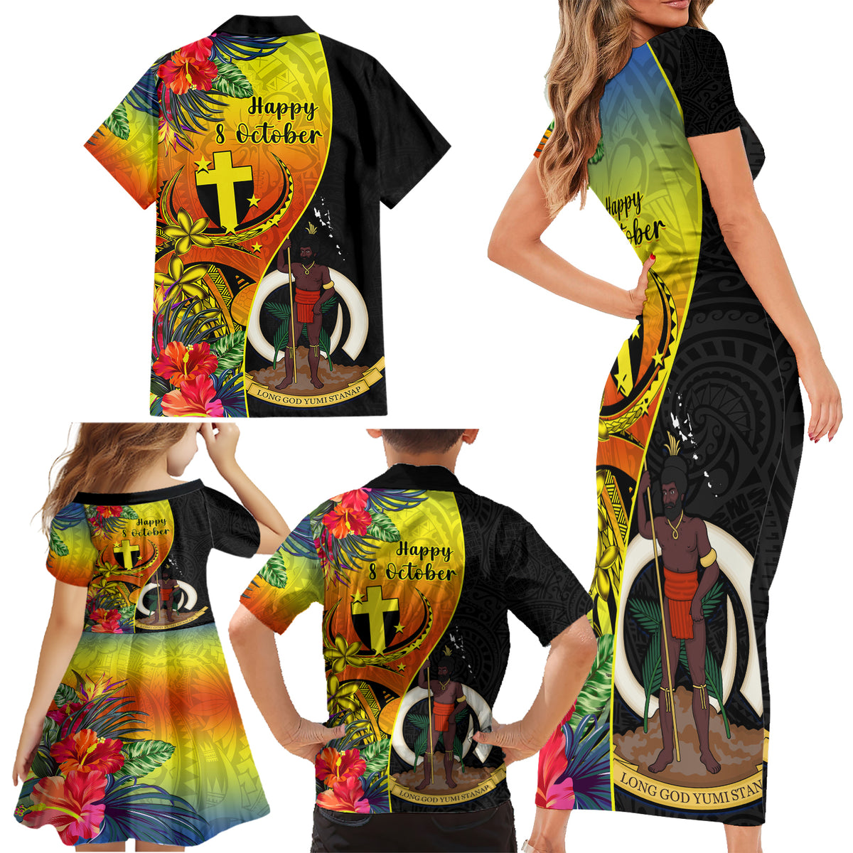 Vanuatu Tafea Day Family Matching Short Sleeve Bodycon Dress and Hawaiian Shirt Coat Of Arms Mix Tropical Flowers LT14 - Polynesian Pride
