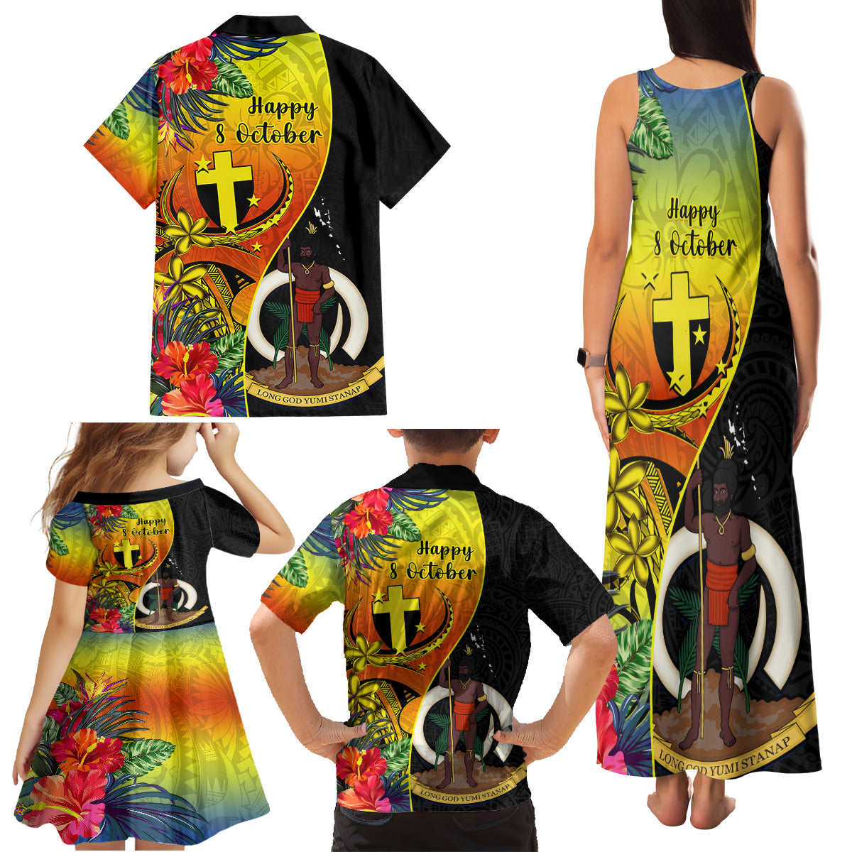Vanuatu Tafea Day Family Matching Tank Maxi Dress and Hawaiian Shirt Coat Of Arms Mix Tropical Flowers LT14 - Polynesian Pride