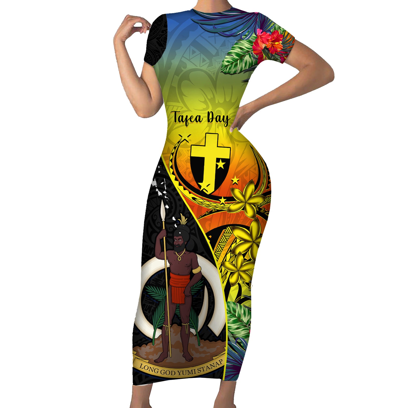 vanuatu-tafea-day-short-sleeve-bodycon-dress-coat-of-arms-mix-tropical-flowers