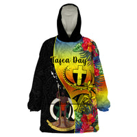 Vanuatu Tafea Day Wearable Blanket Hoodie Coat Of Arms Mix Tropical Flowers LT14 One Size Black - Polynesian Pride