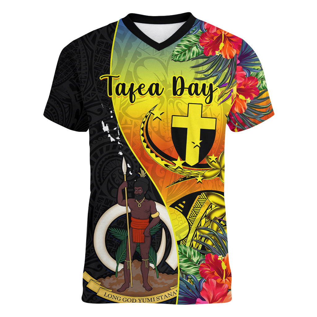 vanuatu-tafea-day-women-v-neck-t-shirt-coat-of-arms-mix-tropical-flowers