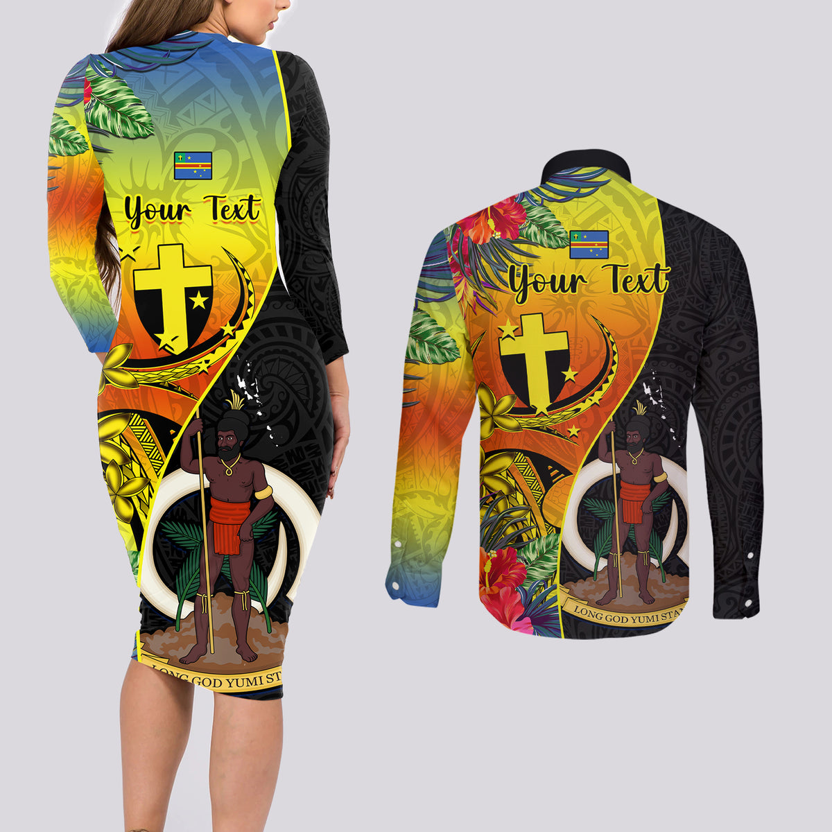 personalised-vanuatu-tafea-day-couples-matching-long-sleeve-bodycon-dress-and-long-sleeve-button-shirts-coat-of-arms-mix-tropical-flowers