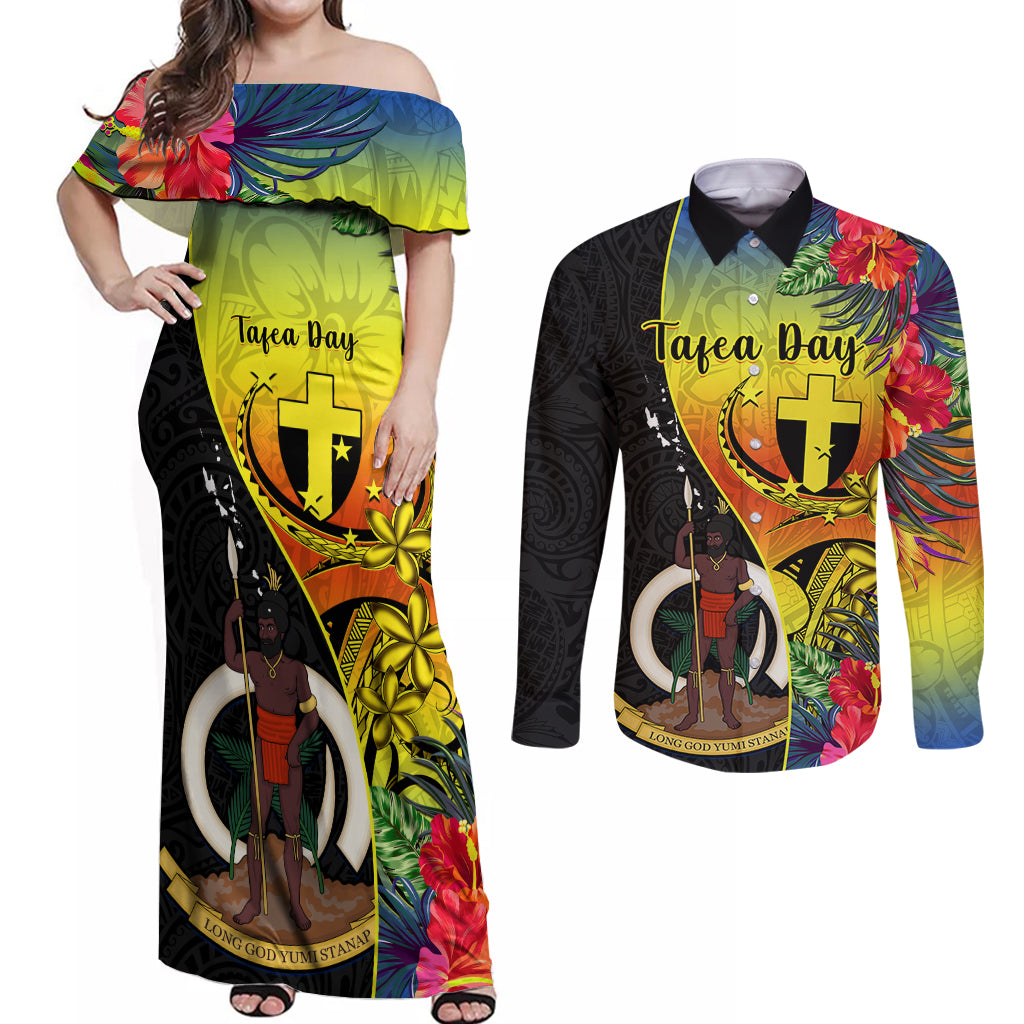 Personalised Vanuatu Tafea Day Couples Matching Off Shoulder Maxi Dress and Long Sleeve Button Shirts Coat Of Arms Mix Tropical Flowers LT14 Black - Polynesian Pride