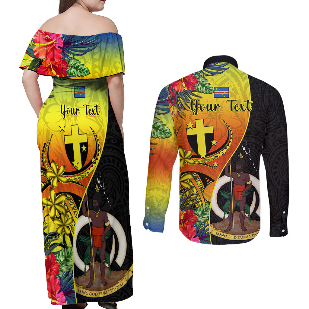 Personalised Vanuatu Tafea Day Couples Matching Off Shoulder Maxi Dress and Long Sleeve Button Shirts Coat Of Arms Mix Tropical Flowers LT14 - Polynesian Pride