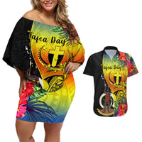 personalised-vanuatu-tafea-day-couples-matching-off-shoulder-short-dress-and-hawaiian-shirt-coat-of-arms-mix-tropical-flowers