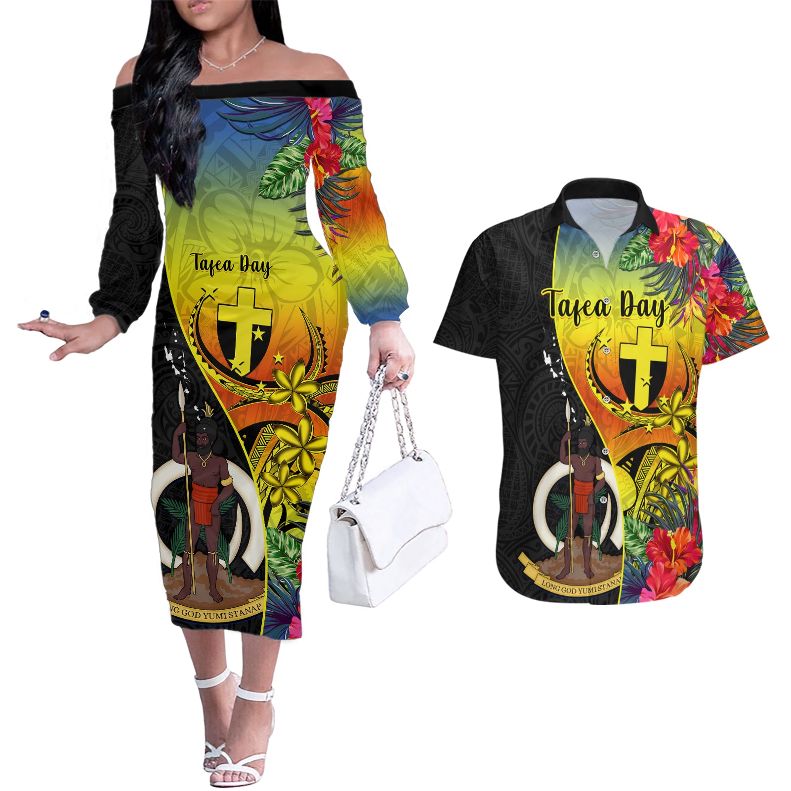 personalised-vanuatu-tafea-day-couples-matching-off-the-shoulder-long-sleeve-dress-and-hawaiian-shirt-coat-of-arms-mix-tropical-flowers
