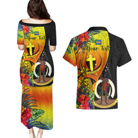 Personalised Vanuatu Tafea Day Couples Matching Puletasi Dress and Hawaiian Shirt Coat Of Arms Mix Tropical Flowers LT14 - Polynesian Pride