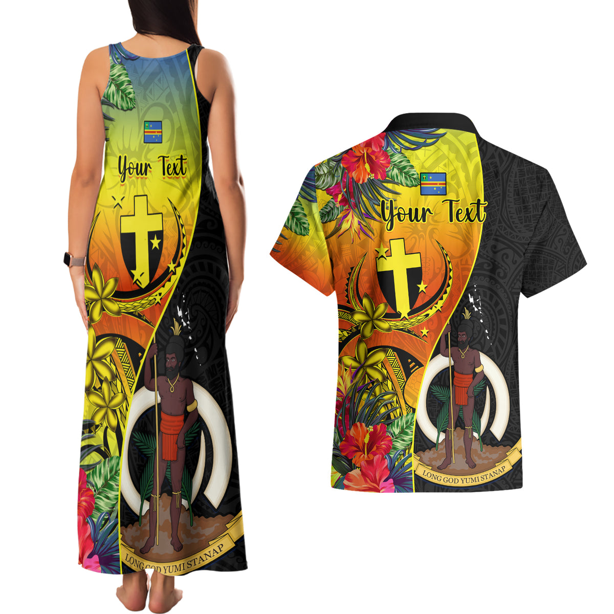 Personalised Vanuatu Tafea Day Couples Matching Tank Maxi Dress and Hawaiian Shirt Coat Of Arms Mix Tropical Flowers LT14 - Polynesian Pride