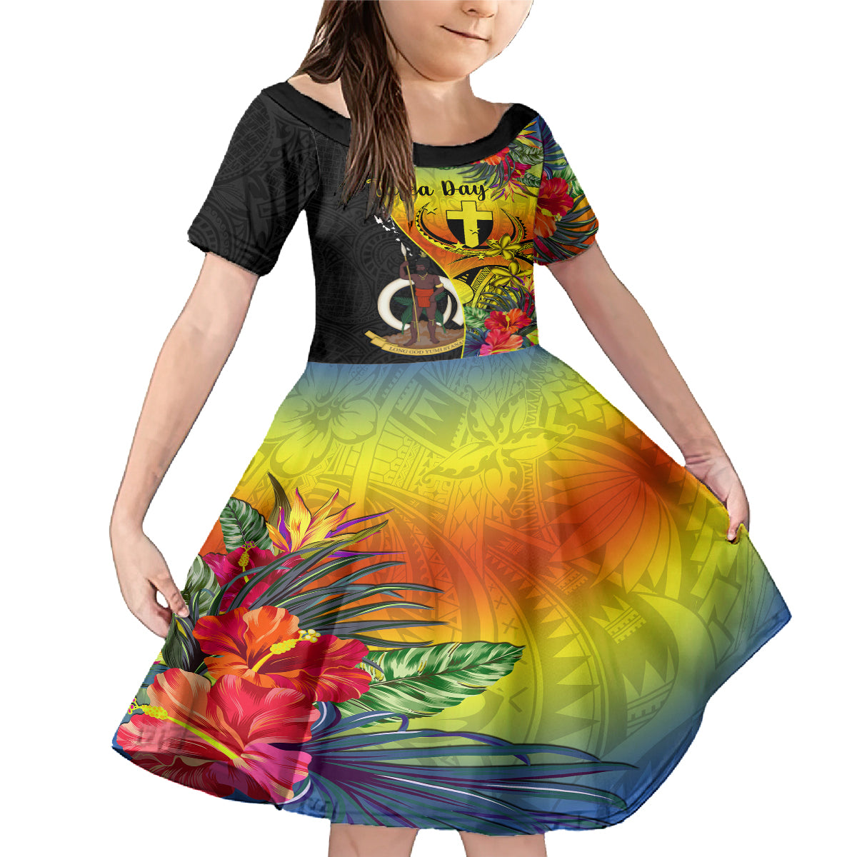 Personalised Vanuatu Tafea Day Family Matching Mermaid Dress and Hawaiian Shirt Coat Of Arms Mix Tropical Flowers LT14 Daughter's Dress Black - Polynesian Pride