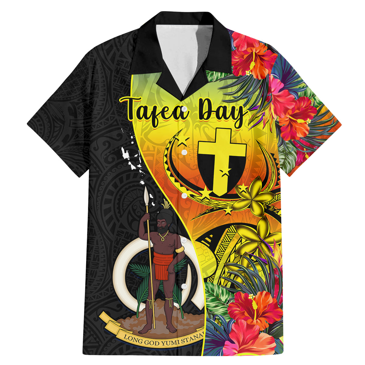 Personalised Vanuatu Tafea Day Family Matching Mermaid Dress and Hawaiian Shirt Coat Of Arms Mix Tropical Flowers LT14 Dad's Shirt - Short Sleeve Black - Polynesian Pride